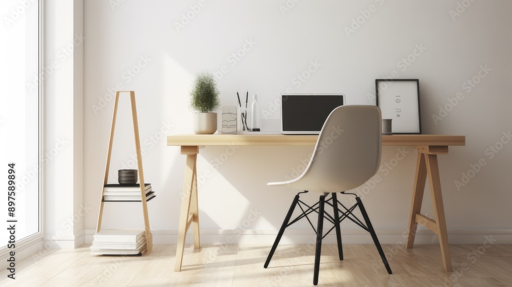 3D rendering of a minimalist workspace with a wooden desk in a Scandinavian style 3D rendering of a minimalist workspace with a wooden desk in a Scandinavian style