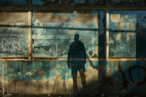 An image depicting the shadow of an individual overlaid on a backdrop that represents their past ambitions, such as faded cityscapes, old classrooms, or worn sports fields - Generative AI