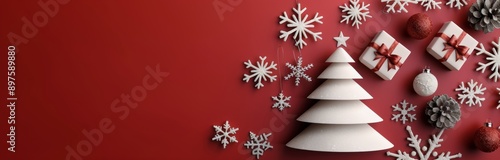 Snowy Christmas Tree on Red Background