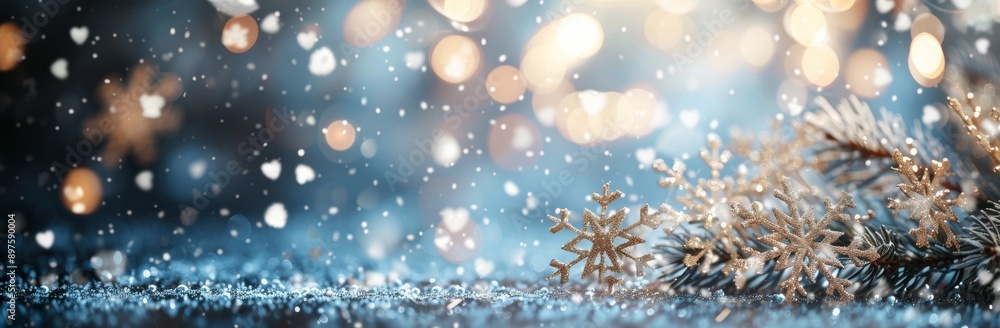 Winter Snowfall With Pine Branch and Glittering Snowflake Ornament Winter Snowfall With Pine Branch and Glittering Snowflake Ornament