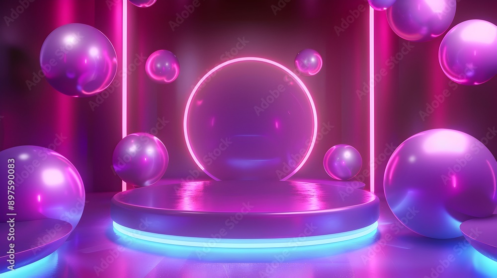 A neon pink room with a large purple sphere in the center A neon pink room with a large purple sphere in the center
