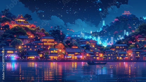 The nocturnal cityscape is alive with vibrant, neon-lit buildings and twinkling lights, creating a captivating and bustling urban atmosphere that glows with radiant energy. Watercolor style, high