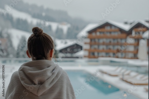 Woman in Robe Admires Snowy Mountain View