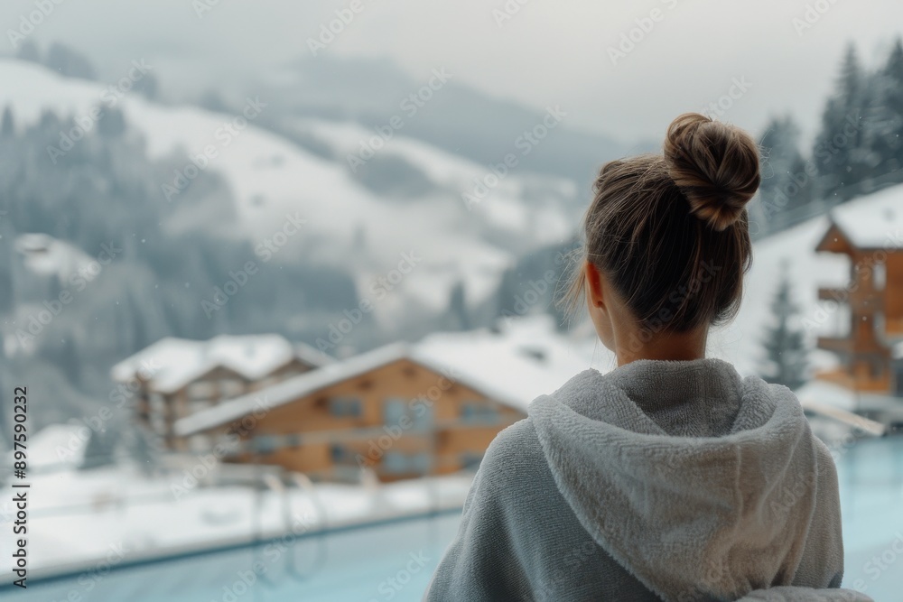 Woman in Robe Admires Snowy Mountain View Woman in Robe Admires Snowy Mountain View