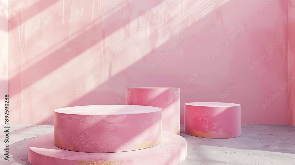 This is a 3D rendering of a pink podium with a pink background. The podium is made of marble and has a smooth, reflective surface.