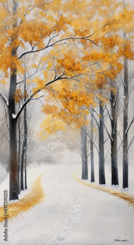 Snowy Path Through Golden Trees
