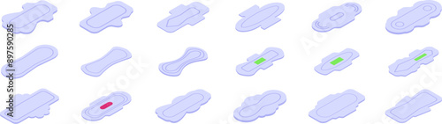 Sanitary napkins icons set. Set of sanitary pads with wings isometric icons for web design isolated on white background