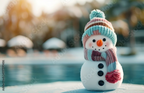 Snowman in Pink Hat and Scarf by Pool