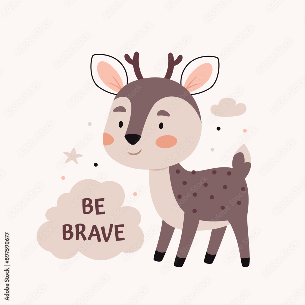 Fototapeta premium Untitled-2Cute little deer.Text Be brave. Cute cartoon Bohemian Scandi nursery posters in beige and gray colors. Boho vector print