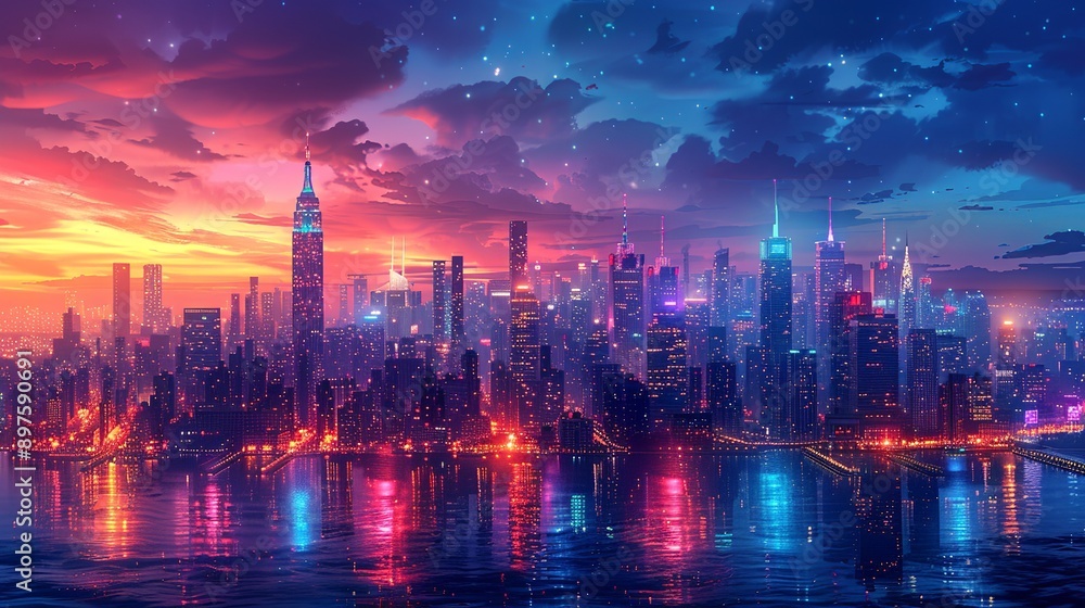 Fototapeta premium The radiant cityscape at night, illuminated by dazzling, neon-lit buildings and a twinkling skyline, creating a dynamic and vibrant atmosphere that feels both enchanting and futuristic. Watercolor