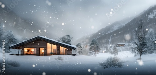 Cabin in a Snowy Forest at Sunset