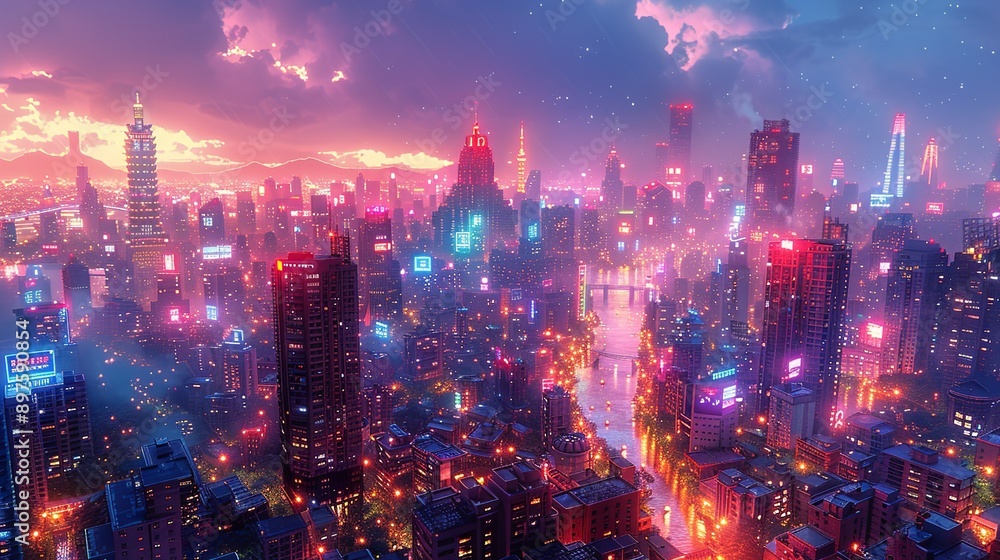 Fototapeta premium The nocturnal cityscape is alive with vibrant, neon-lit buildings and twinkling lights, creating a captivating and bustling urban atmosphere that glows with radiant energy. Watercolor style, high