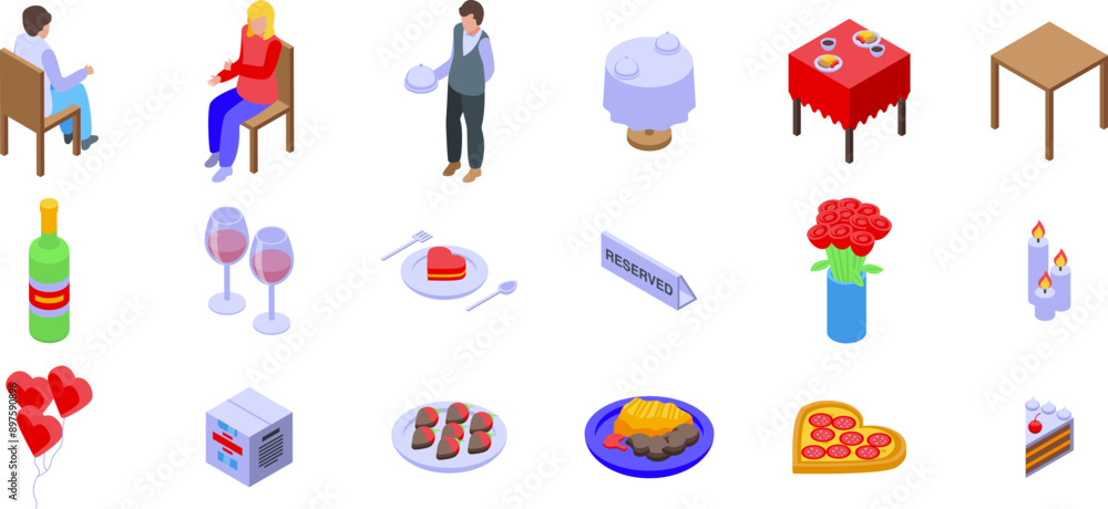 Restaurant table served romantic dating icons set. Romantic dinner date in restaurant with couple enjoying wine and heart shaped food Restaurant table served romantic dating icons set. Romantic dinner date in restaurant with couple enjoying wine and heart shaped food