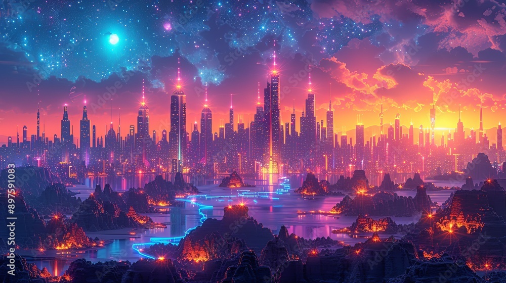 The city's vibrant, neon-lit skyline at night, shimmering with radiant lights and bustling activity, creating a lively, energetic atmosphere that feels both majestic and futuristic. Watercolor style, The city's vibrant, neon-lit skyline at night, shimmering with radiant lights and bustling activity, creating a lively, energetic atmosphere that feels both majestic and futuristic. Watercolor style,