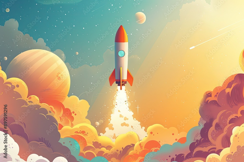 Illustration of a rocket taking off, symbolizing a product launch with a futuristic design Illustration of a rocket taking off, symbolizing a product launch with a futuristic design
