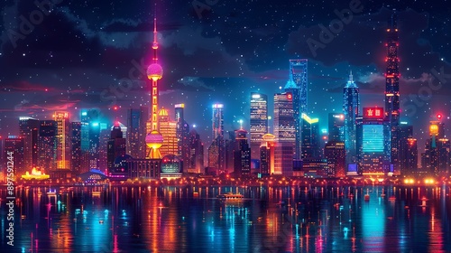 Wallpaper Mural The radiant cityscape at night, illuminated by dazzling, neon-lit buildings and a twinkling skyline, creating a dynamic and vibrant atmosphere that feels both enchanting and futuristic. Watercolor Torontodigital.ca