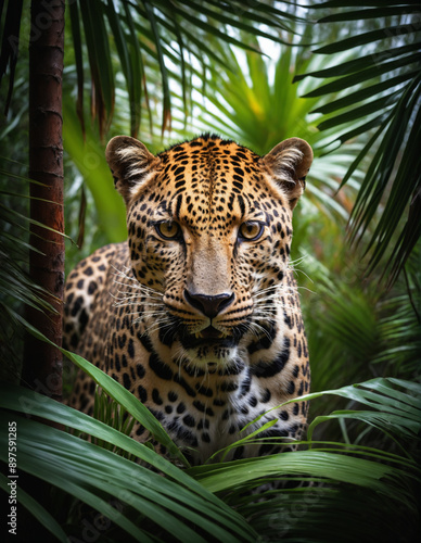 Leopard portrait in a dark tropical forest