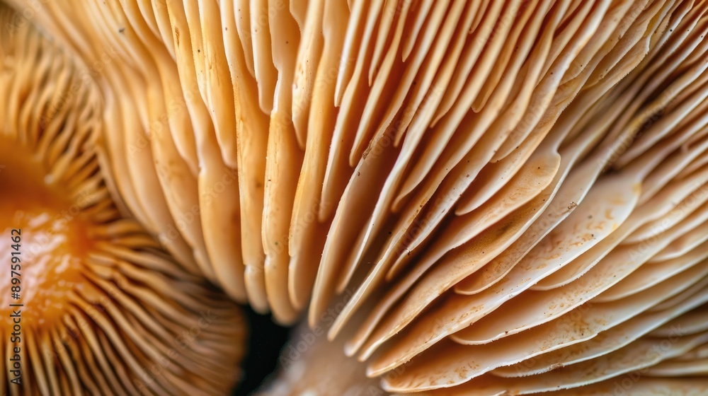 Close-up of a mushroom cap with gills underneath. Close-up of a mushroom cap with gills underneath.