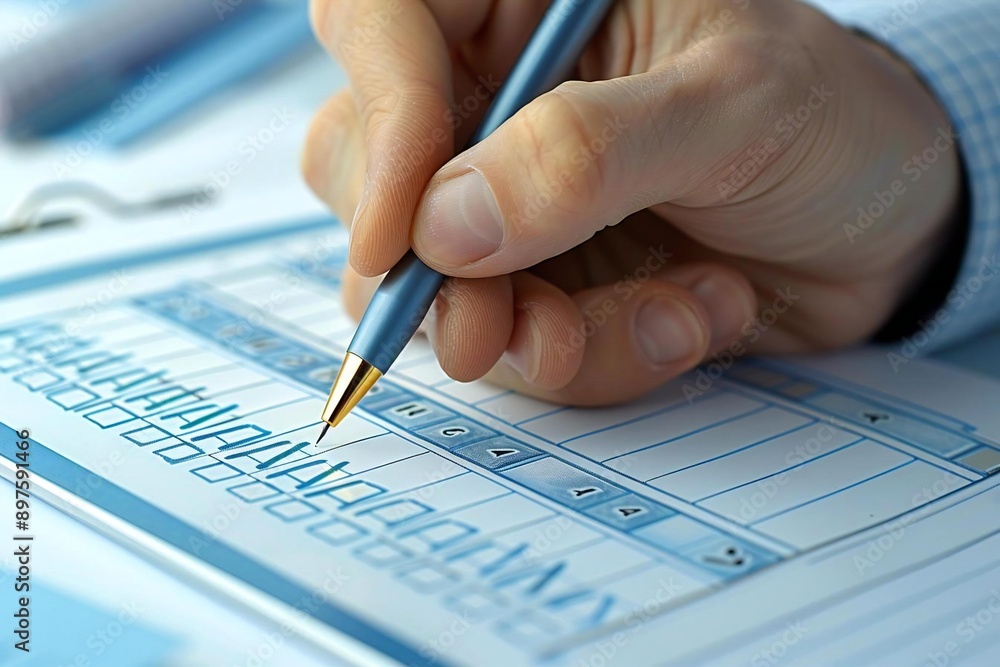 Beautiful close-up of a businessperson's hand elegantly filling a checklist form on a digital tablet. Beautiful close-up of a businessperson's hand elegantly filling a checklist form on a digital tablet.