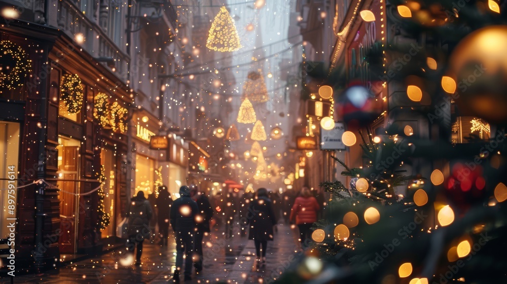 Fototapeta premium Festive City Center Shimmering with Holiday Decorations and Black Friday Shoppers