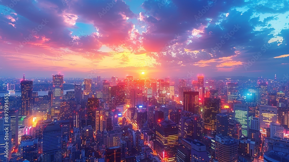 Obraz premium Panoramic view of a bustling city at night, with glowing, colorful lights reflecting off sleek skyscrapers and creating a dynamic, vibrant urban landscape. Watercolor style, high resolution