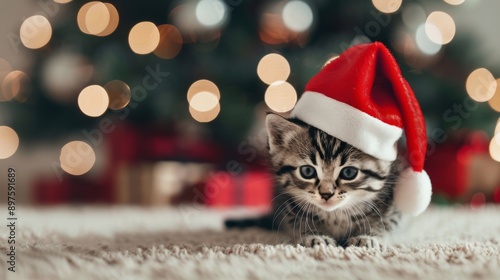 Kitten in Santa Hat by Christmas Lights