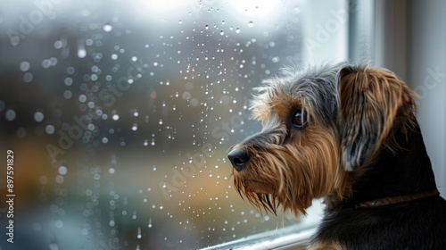 Small Dog Gazes Out Window at Raining Day