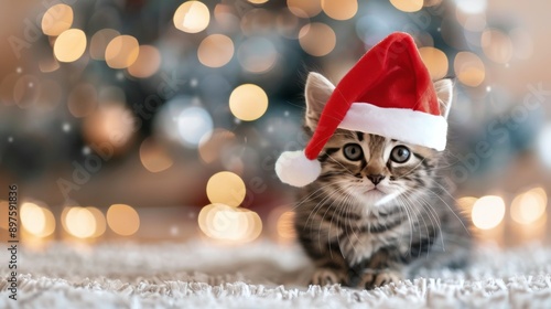 Kitten in Santa Hat by Christmas Lights