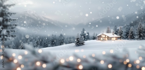 Snowy Cabin In Mountain Landscape