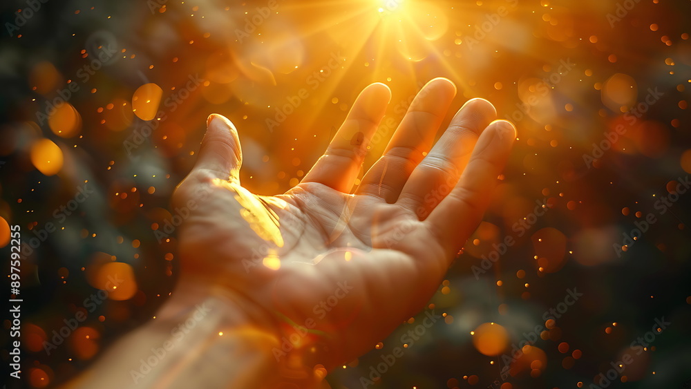 hand reaching up towards a bright light, with a blurry background of bokeh lights. hand reaching up towards a bright light, with a blurry background of bokeh lights.