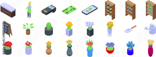 Flower shop interior icons set. Florist is working in a flower shop, arranging a flower bouquet for a customer