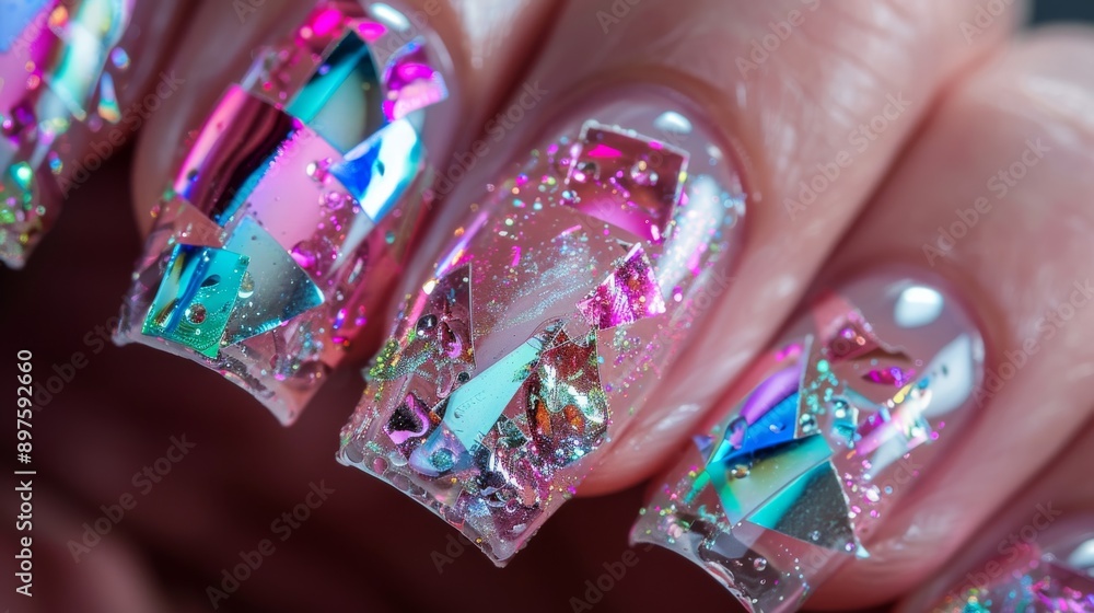 Fototapeta premium Holographic Foil Nail Art Close Up Featuring Iridescent Glitters and Sparkling Fragmented Designs for Modern Manicure Trends