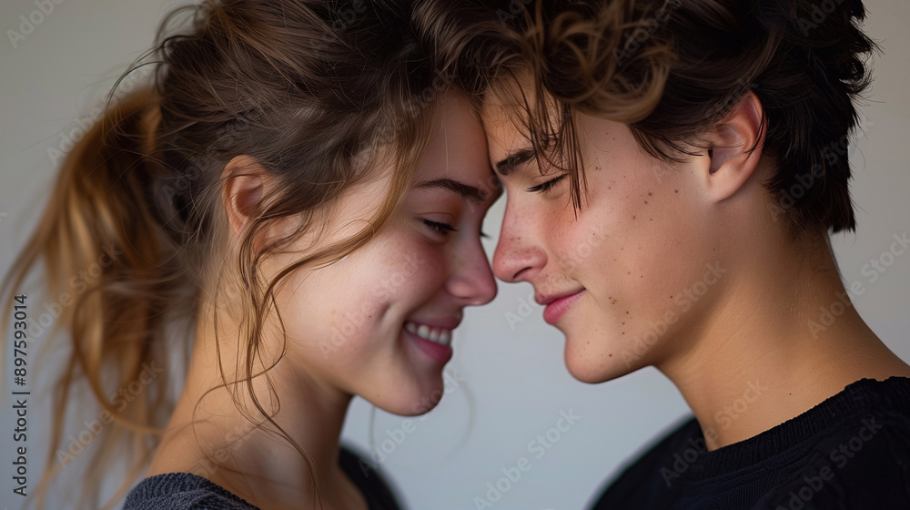 A couple sharing a tender moment looking into each otherÕs eyes with expressions of love on white background A couple sharing a tender moment looking into each otherÕs eyes with expressions of love on white background