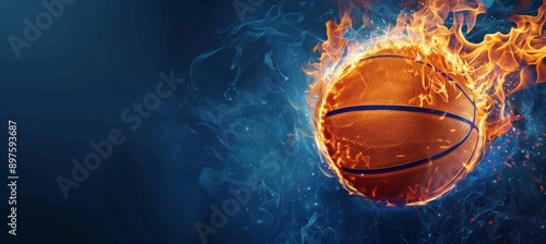Wallpaper Mural Basketball engulfed in flames against a dark blue background, dynamic sports imagery Torontodigital.ca