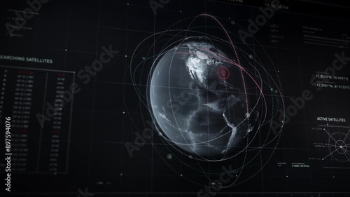 A hacking software activates tracking satellites over the USA to detect any the suspicious activites via Radio signals. User interface. Searching satellites. Active satellites. Earth orbits. USA