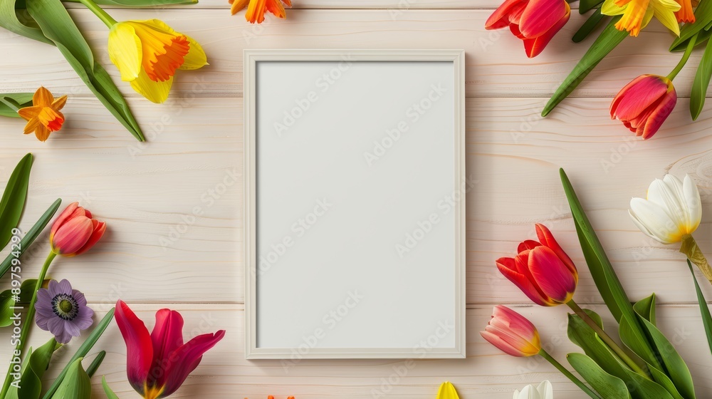 A vibrant composition of tulips, daffodils, and anemones, artfully framing a blank white frame, set against a light wooden background A vibrant composition of tulips, daffodils, and anemones, artfully framing a blank white frame, set against a light wooden background