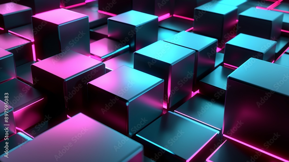 Enchanting visual of metallic cubes illuminated by neon lights against a futuristic backdrop Enchanting visual of metallic cubes illuminated by neon lights against a futuristic backdrop