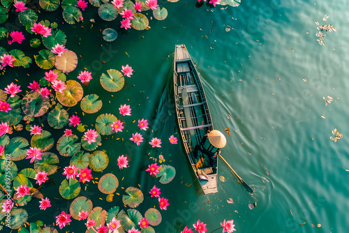 Vietnamese boat navigating a river filled with lotus flowers