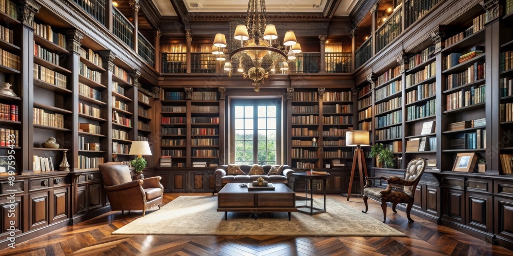 Elegant home library featuring traditional wooden bookshelves Elegant home library featuring traditional wooden bookshelves