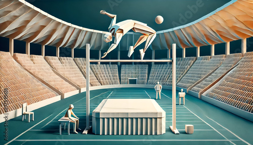 Origami Style High Jump at Olympic Games in Modern Stadium photo