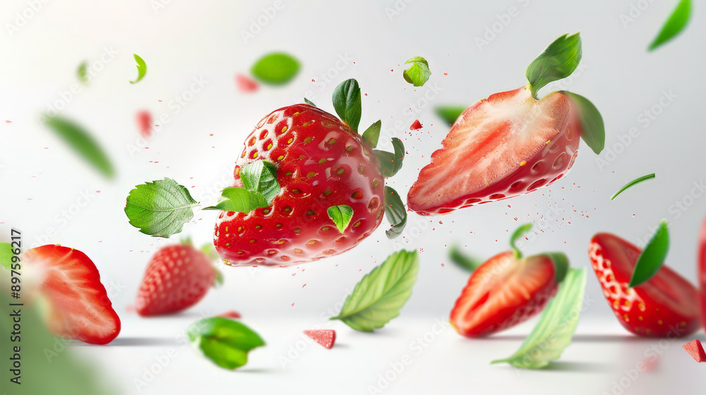 strawberry with half slices falling or floating strawberry with half slices falling or floating