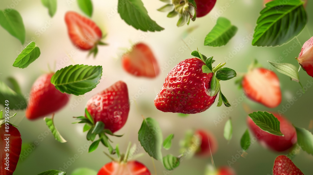 strawberry with half slices falling or floating strawberry with half slices falling or floating