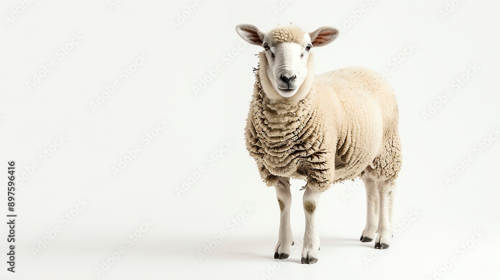 A studio shot of a white sheep against a white background. The sheep is facing the camera with a neutral expression. A studio shot of a white sheep against a white background. The sheep is facing the camera with a neutral expression.