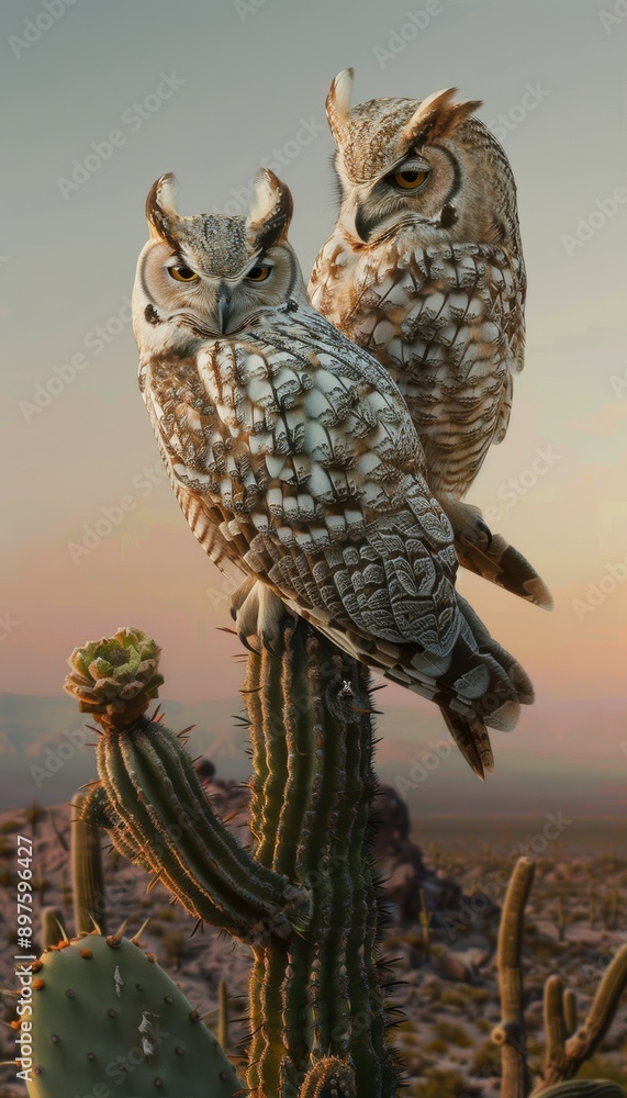 Obraz premium Desert Owls Perched on Cactus at Sunset - Wildlife Photography for Nature, Posters, and Prints