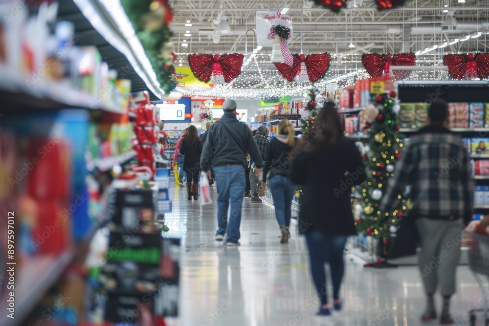 Fototapeta premium Festive Holiday Shopping in a Busy Store during Black Friday Sale with Christmas Decorations