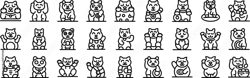 Maneki icons set. Collection of adorable japanese lucky cats waving, sitting and holding various objects Maneki icons set. Collection of adorable japanese lucky cats waving, sitting and holding various objects