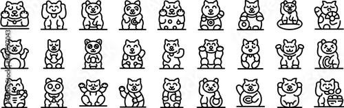 Maneki icons set. Collection of adorable japanese lucky cats waving, sitting and holding various objects