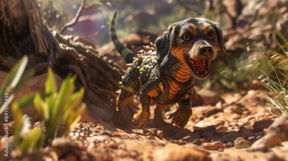 Obraz premium Playful Dog in Dinosaur Costume 3D Rendering in Prehistoric Landscape Close-Up