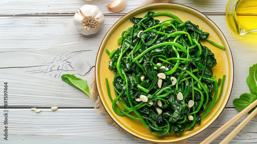 Stir fried water spinach with garlic on yellow plate white wood background top view Stir fried water spinach with garlic on yellow plate white wood background top view