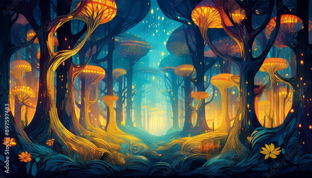 Fantasy world magical forest where fairies live Fantasy world magical forest where fairies live